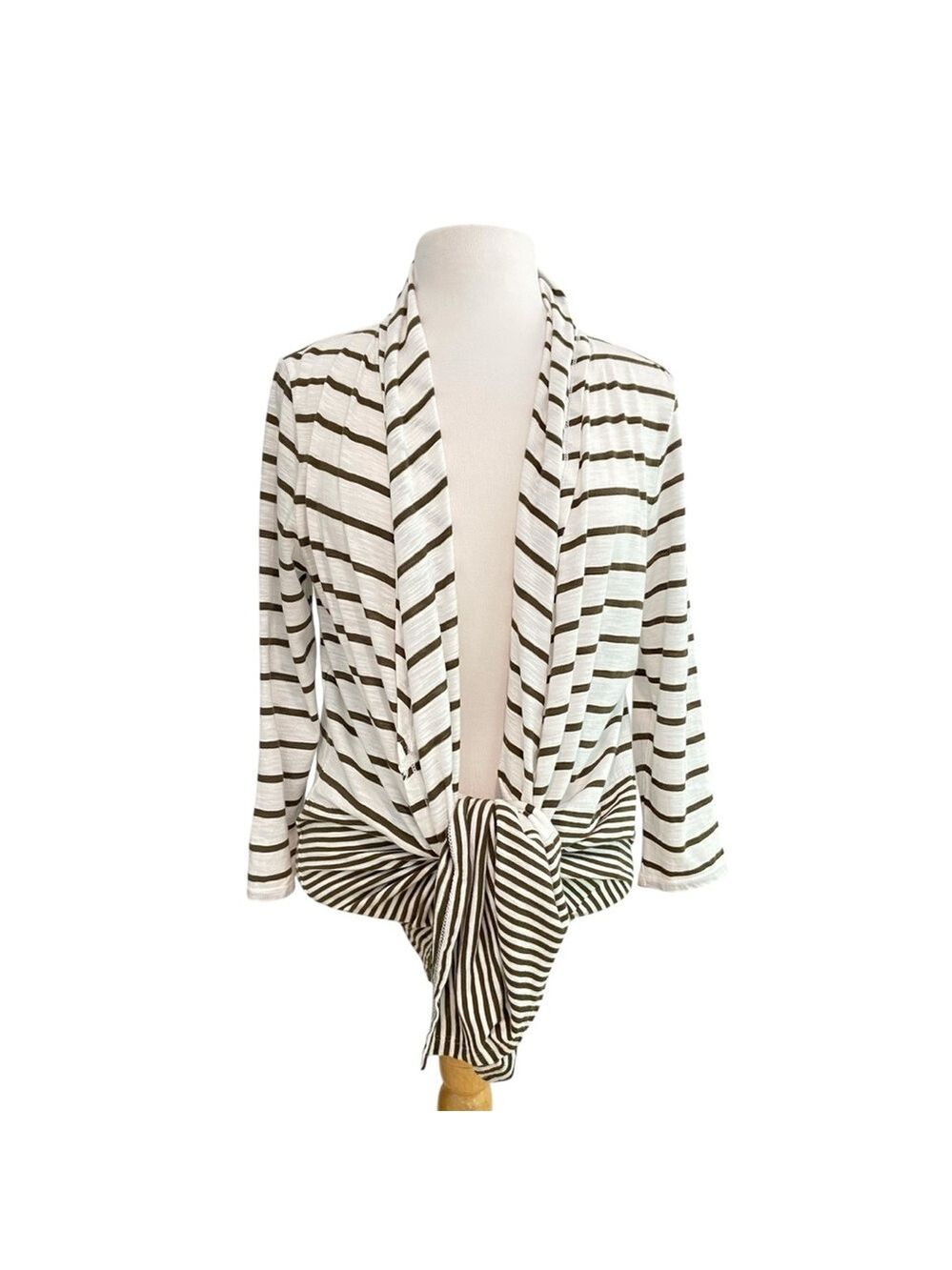 Talbots cardigan wrap sweater ecru white dark green/ brown stripes long sleeve M